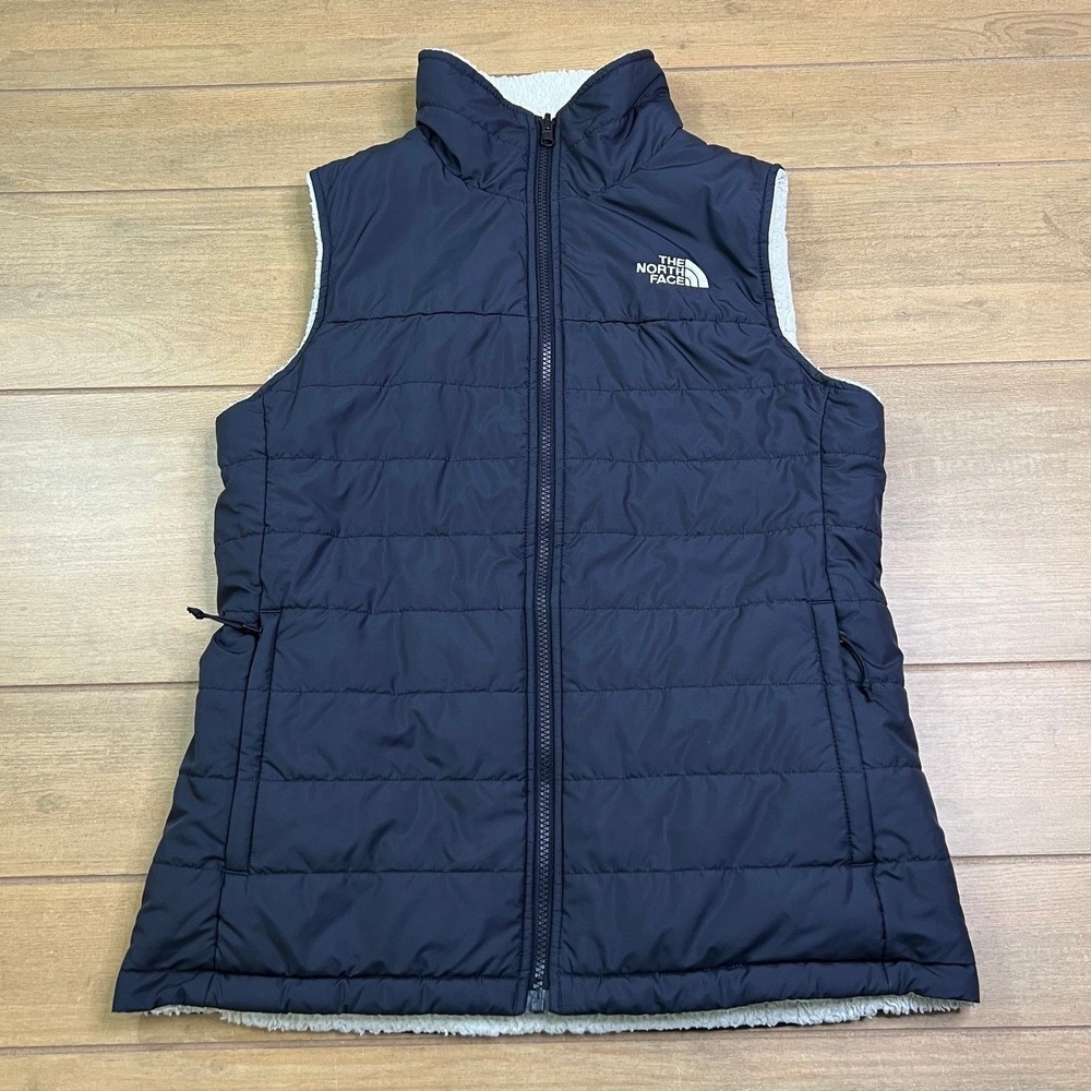 The North Face Vest Women M Navy Blue Cream Reversible Mossbud Fleece Puffer